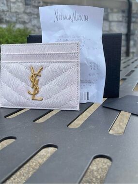 Saint Laurent Pebbled Card Holder in White with Gold YSL